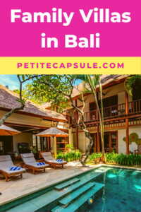 One of the best family villas in Bali showing the outside of the villa during the day with three pool lounges by the pool